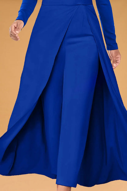Women’s Plus Size Mother of the Bride Jumpsuit – Blue Chiffon Off-Shoulder, Pleated Double-Layer Split Elegant One-Piece Set