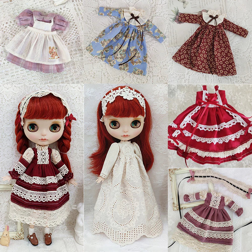 Blythe Doll Clothes – Wine Red & White Princess Dress with Lace for YMY, Licca, Azone OB24/OB27 Dolls