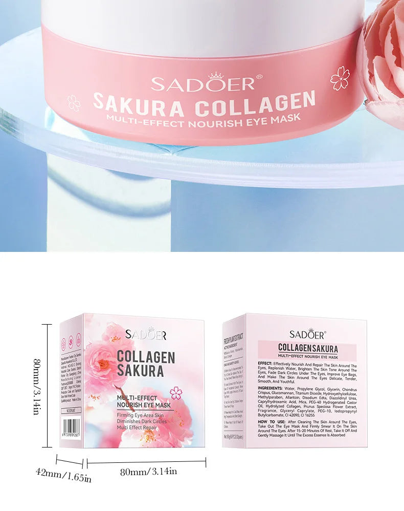 SADOER 60pcs Sakura Collagen Eye Masks — Anti-Dark Circle, Eye Bag Removal, Moisturizing & Firming Eye Patches