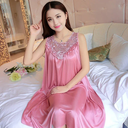 Lace Ice Silk Nightgown - Sleeveless Medium-Length Sleepwear Dress for Women