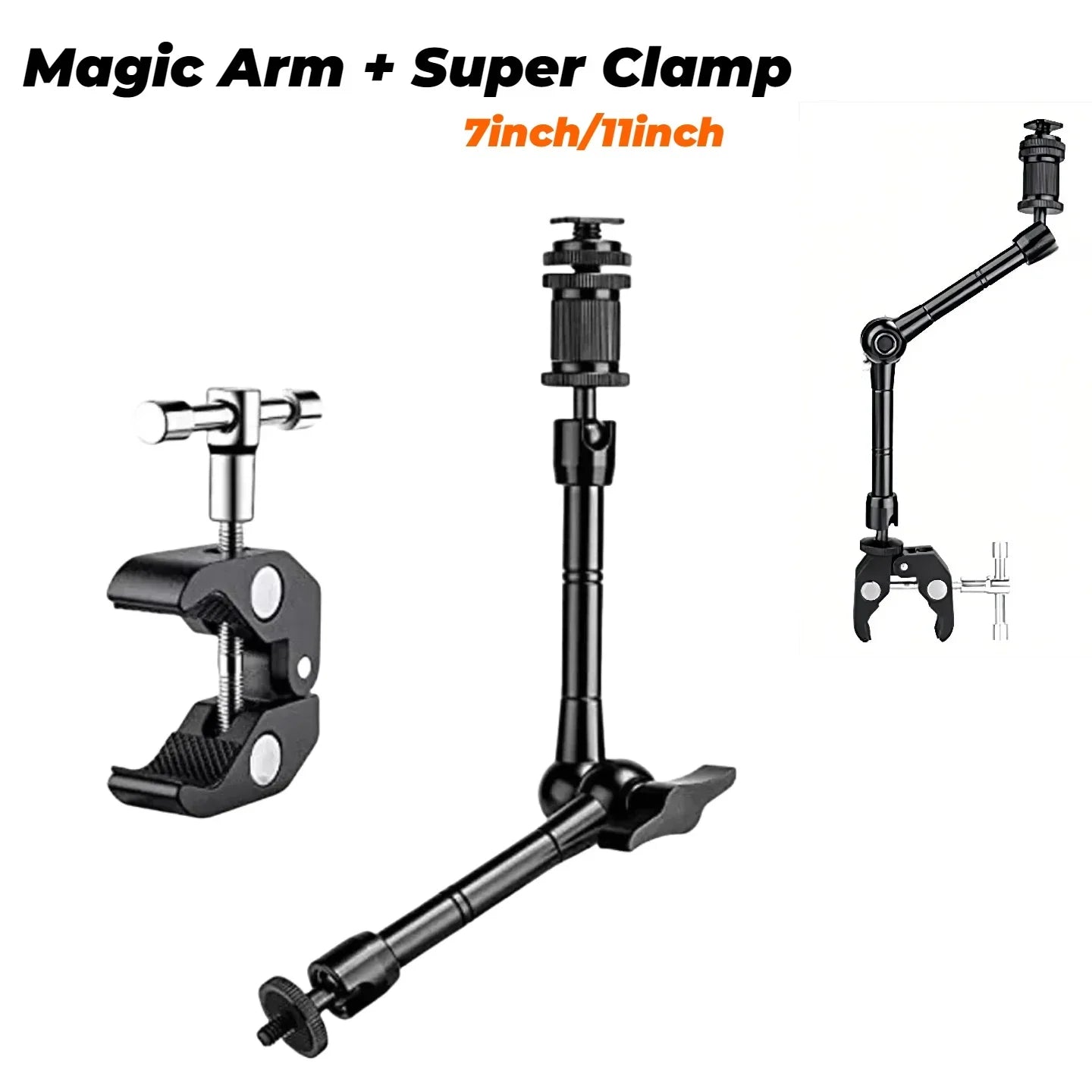 7"/11" Articulating Magic Arm with Super Clamp – DSLR Camera Rig Mount for Monitor, LED Light & Video Accessories
