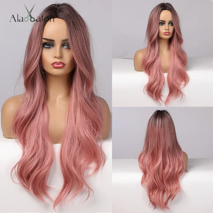 ALAN EATON Black Long Wavy Synthetic Wig – Natural Afro Hair, Middle Part, Heat-Resistant Fiber for Daily Use