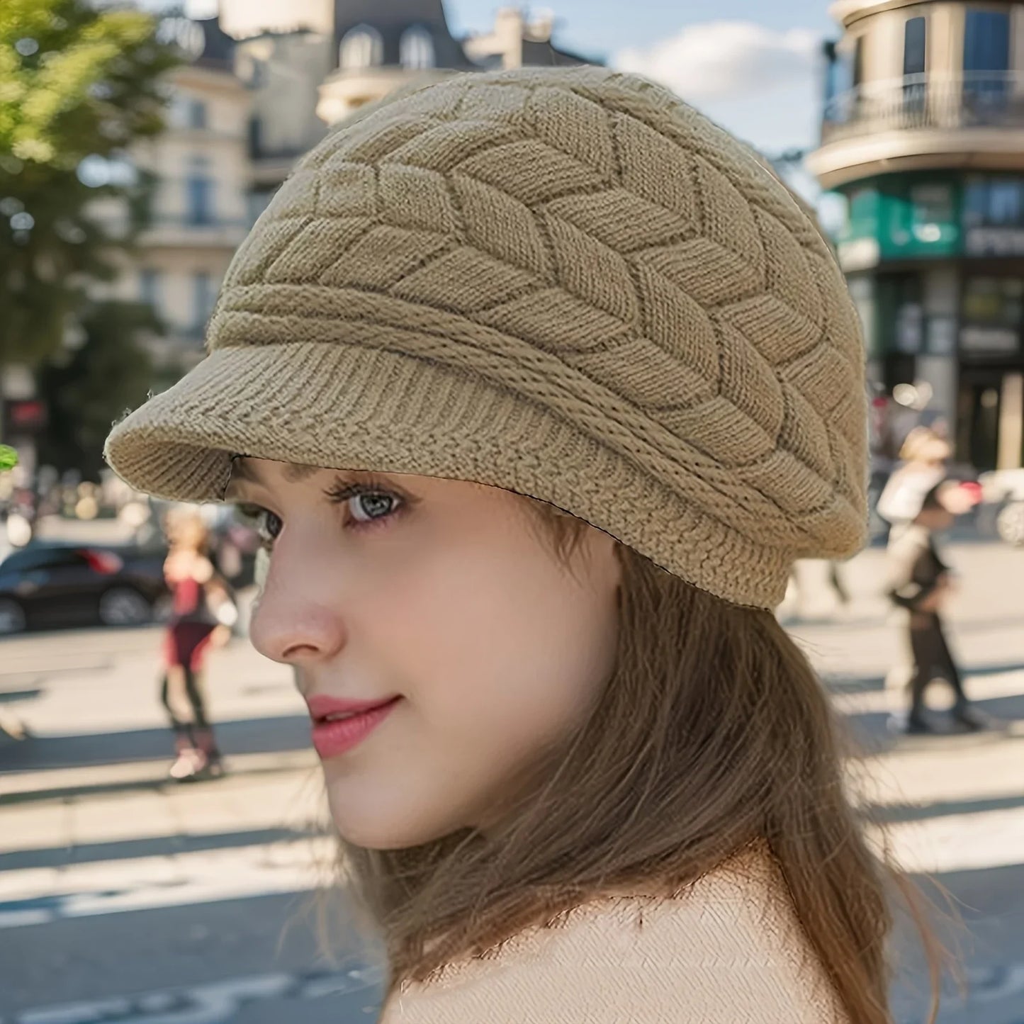 Retro Women’s Winter Knitted Cap — Warm Cold Weather Hat with Sun Visor for Running, Camping, Walking, and Skiing