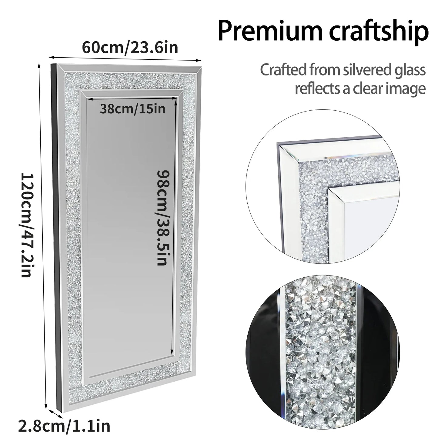 XXXL Large Full-Length Wall Mirror – Crushed Crystal Diamond Decorative Design