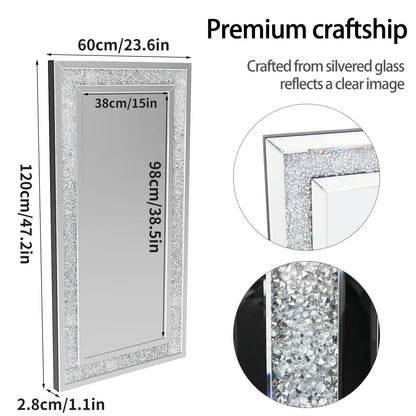 XXXL Large Full-Length Wall Mirror – Crushed Crystal Diamond Decorative Design
