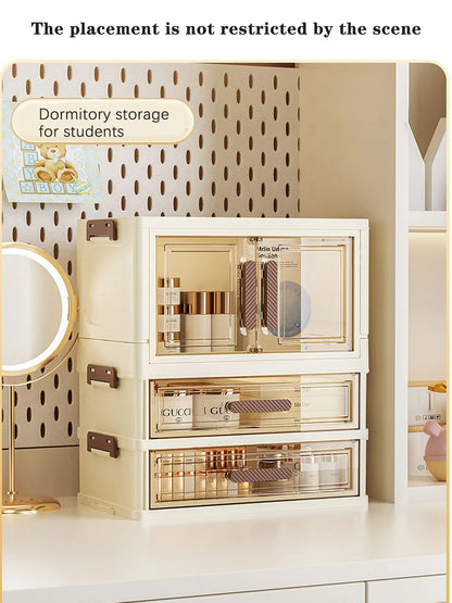 Foldable Transparent Cosmetic Organizer — Multi-Layer Drawer-Style Desktop Beauty Storage Box, Dustproof Makeup Organizer