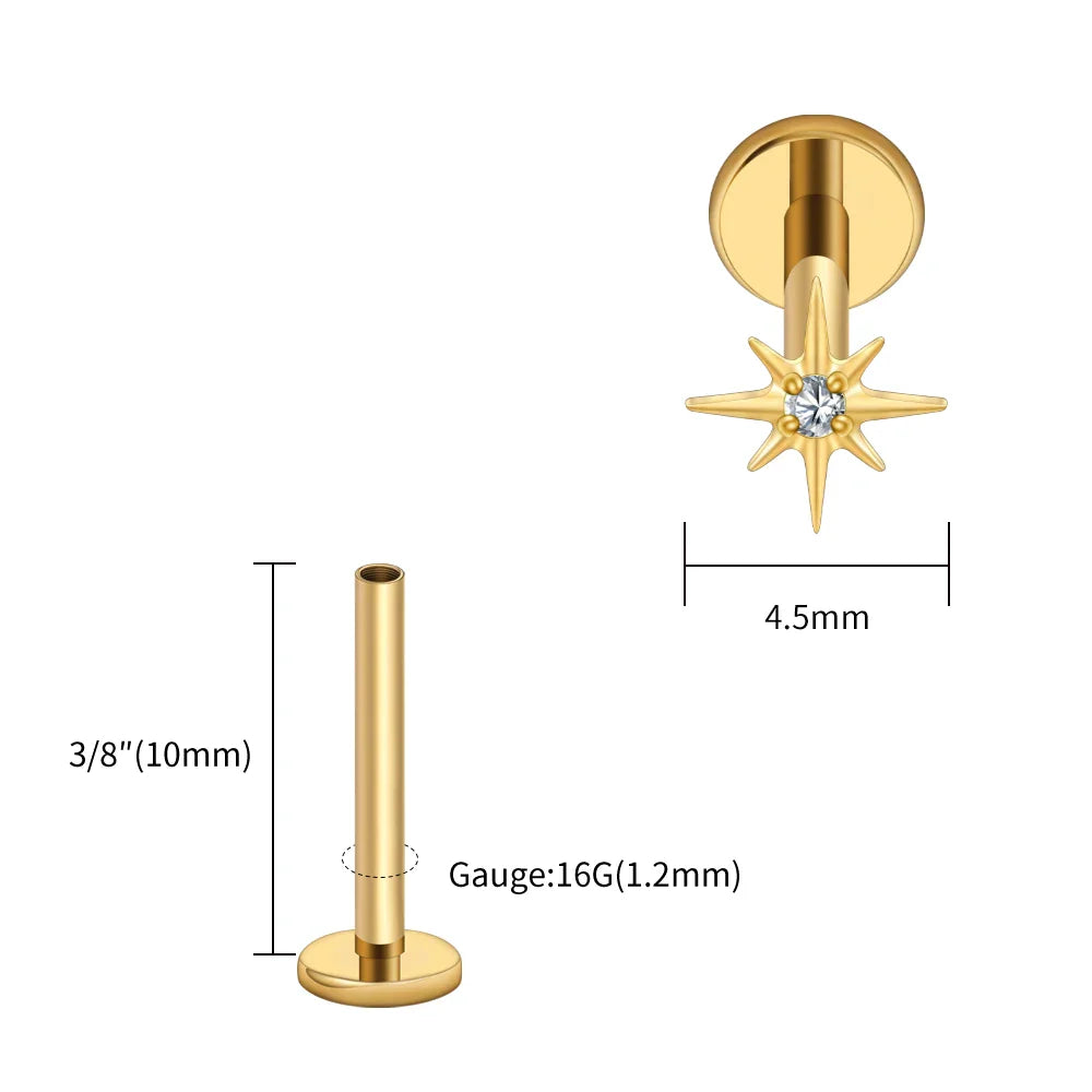 Right Grand ASTM F136 Titanium CZ North Star 16G Flat Back Earring – Tiny Starburst Helix, Cartilage & Earlobe Stud Piercing Jewelry