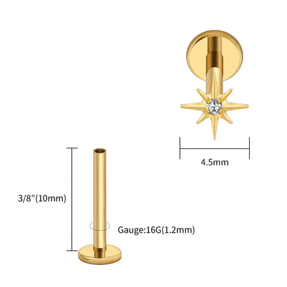 Right Grand ASTM F136 Titanium CZ North Star 16G Flat Back Earring – Tiny Starburst Helix, Cartilage & Earlobe Stud Piercing Jewelry