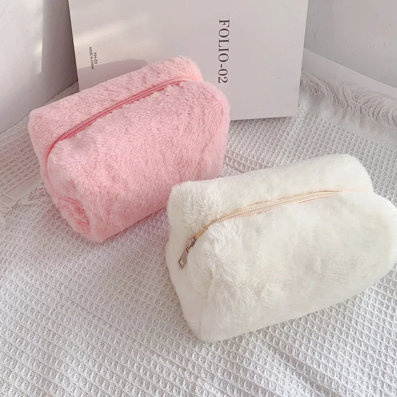 Solid Fur Cosmetic Storage Bag – Large Women’s Zipper Makeup Organizer Handbag, Stationery & Travel Toiletry Case