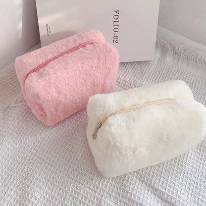 Solid Fur Cosmetic Storage Bag – Large Women’s Zipper Makeup Organizer Handbag, Stationery & Travel Toiletry Case