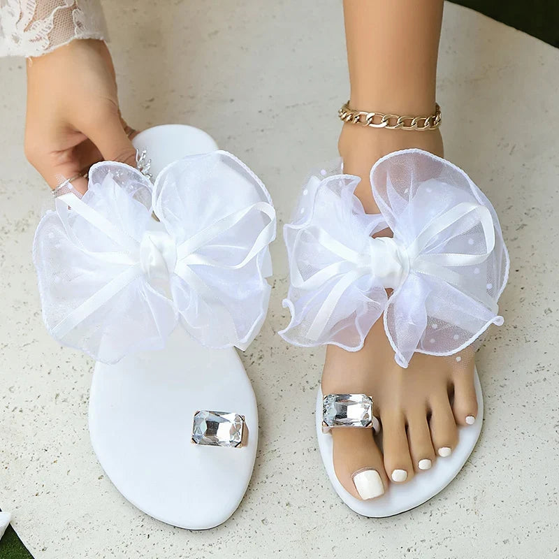 Women’s Mesh Bow Rhinestone Sandals - Flat Heel Clip-Toe Backless Beach Slippers