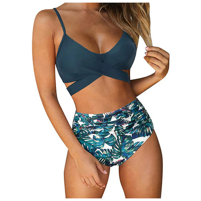 Floral Print Cross High Waist Bikini – Women’s Two-Piece Beach Swimsuit for Teenagers 2024 Trend