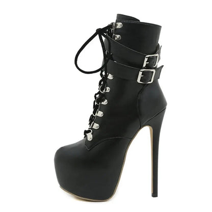 Women’s 16.5CM Extreme Platform Boots - Buckle Strap Round Toe Lace-Up Party Club High Heels