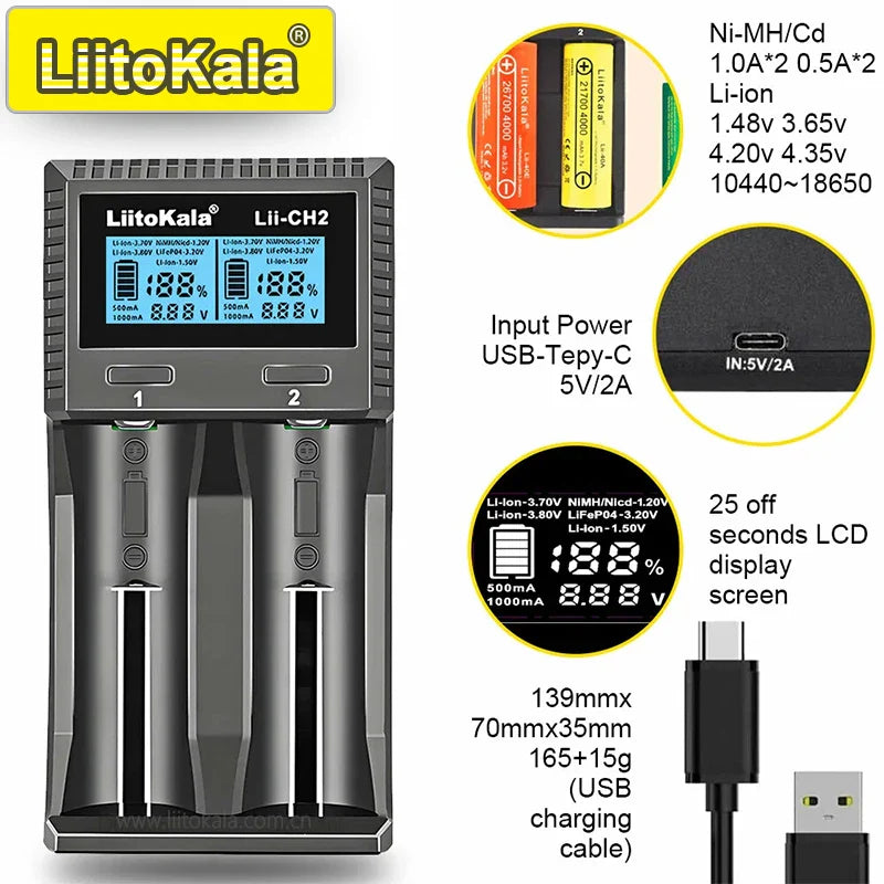 LiitoKala Lii-CH4 Smart Battery Charger – 4-Slot Fast USB-C Charging for 18650/21700/26650/AA/AAA Ni-MH & Li-Ion with Auto Detect