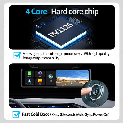Imagebon 12" 4K Car Mirror – Wireless CarPlay, Android Auto, ADAS, Rearview Camera, GPS, FM, Night Vision Video Recorder