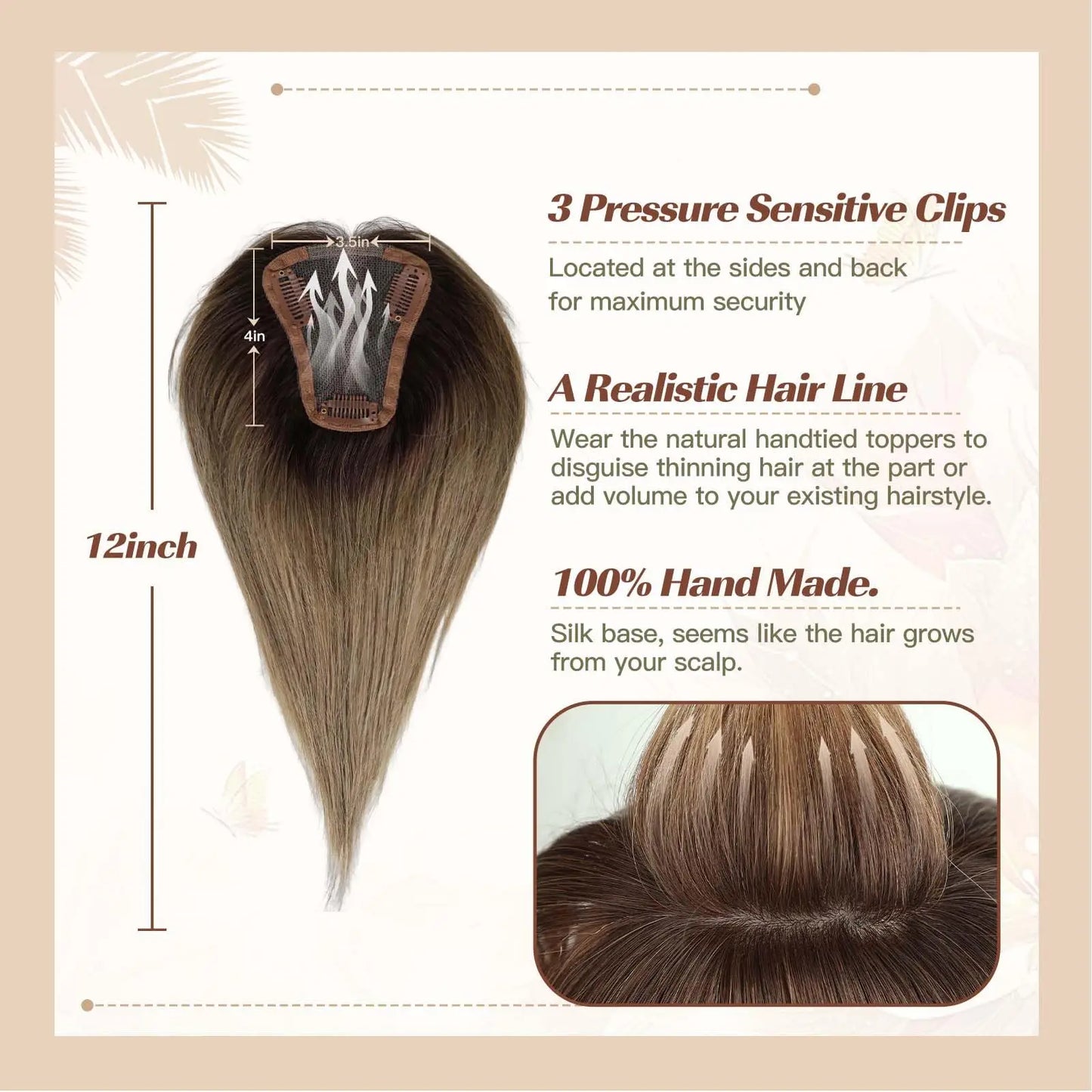 Ombre Blonde Brown 100% Remy Human Hair Topper – Silk Base Clip-In Extension for Women with Hair Loss, 12 Inch