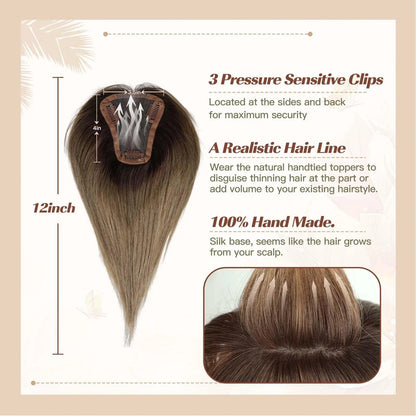 Ombre Blonde Brown 100% Remy Human Hair Topper – Silk Base Clip-In Extension for Women with Hair Loss, 12 Inch