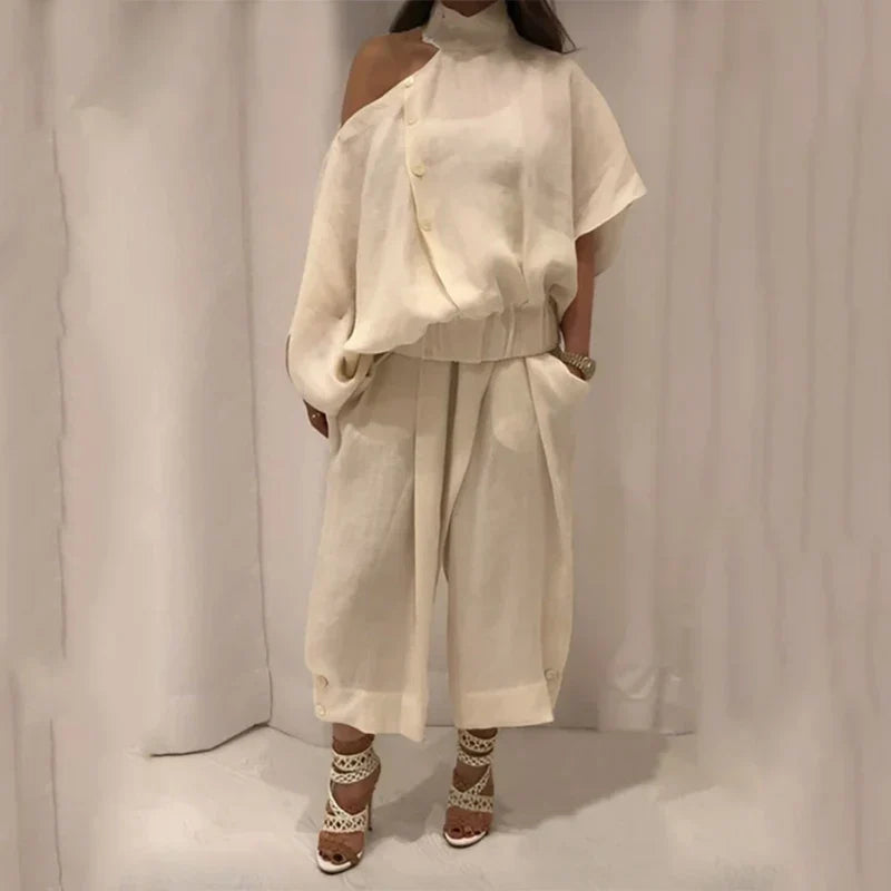Women’s Fashion 2-Piece Set – Wide-Leg Buttoned Pants & Hollow Solid Color Loose Cold-Shoulder Blouse