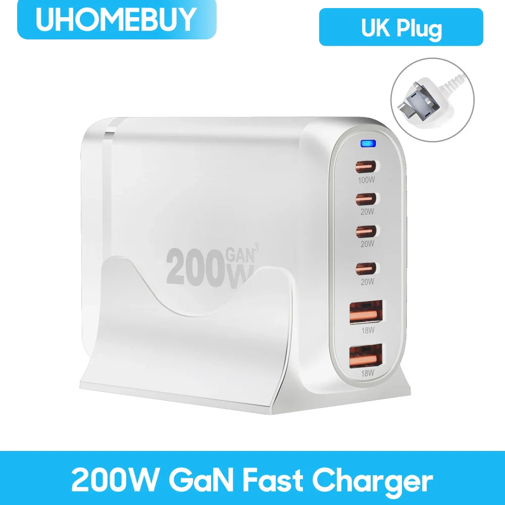 UHOMEBUY 200W GaN Desktop Charger - 6-Port USB Type C with 100W PD & Quick Charge 3.0 Fast Mobile Charger
