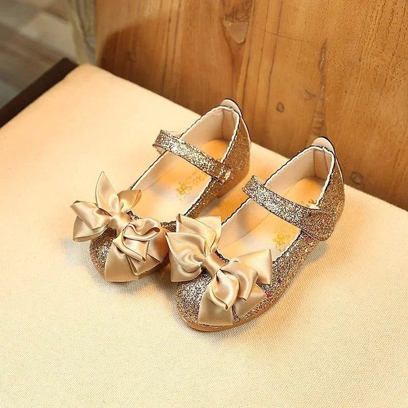 Girls Glitter Bow Flats - Princess Leather Dress Shoes for Toddlers & Kids, Dance Party Footwear