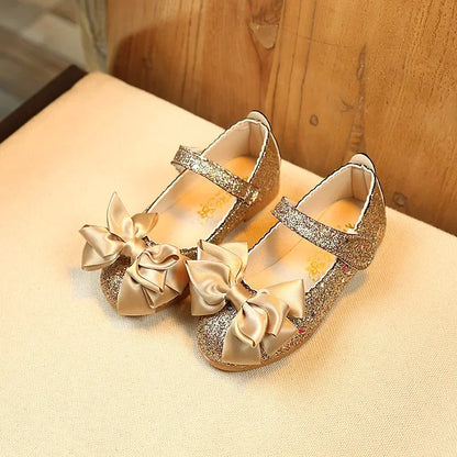 Girls Glitter Bow Flats - Princess Leather Dress Shoes for Toddlers & Kids, Dance Party Footwear