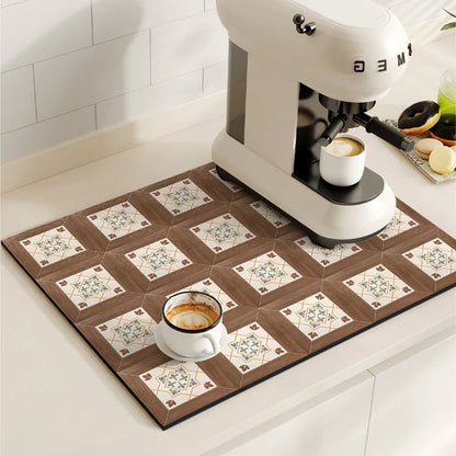 Retro Coffee Maker & Dish Drying Mat – Non-Slip, Quick-Dry Kitchen Placemat for Tableware, Washable