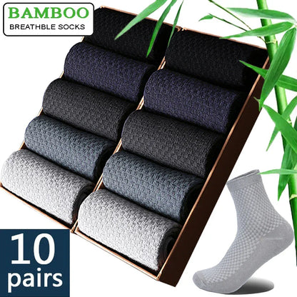 10 Pairs Men’s Bamboo Fiber Compression Socks – Long Black Business Casual Dress Socks, Breathable Autumn Wear, Plus Size 42–45 Gift Pack