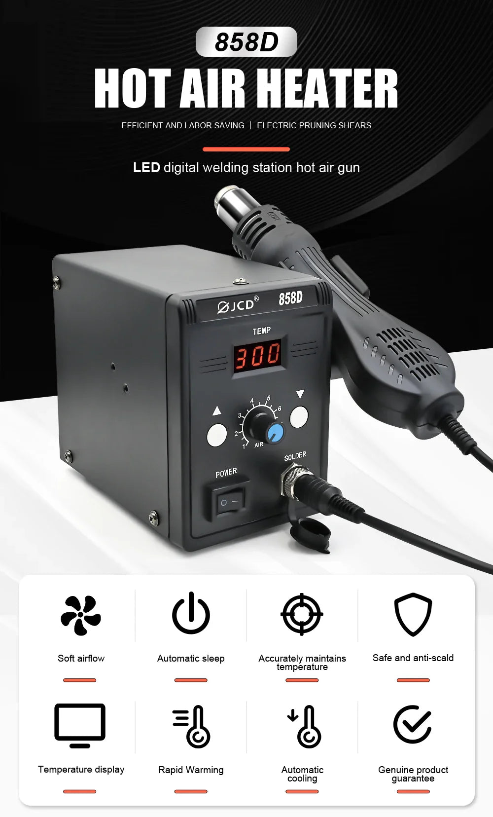 JCD Hot Air Gun 858D – 700W BGA Rework Solder Station, SMD SMT Welding Heat Gun, 220V/110V Repair Tool