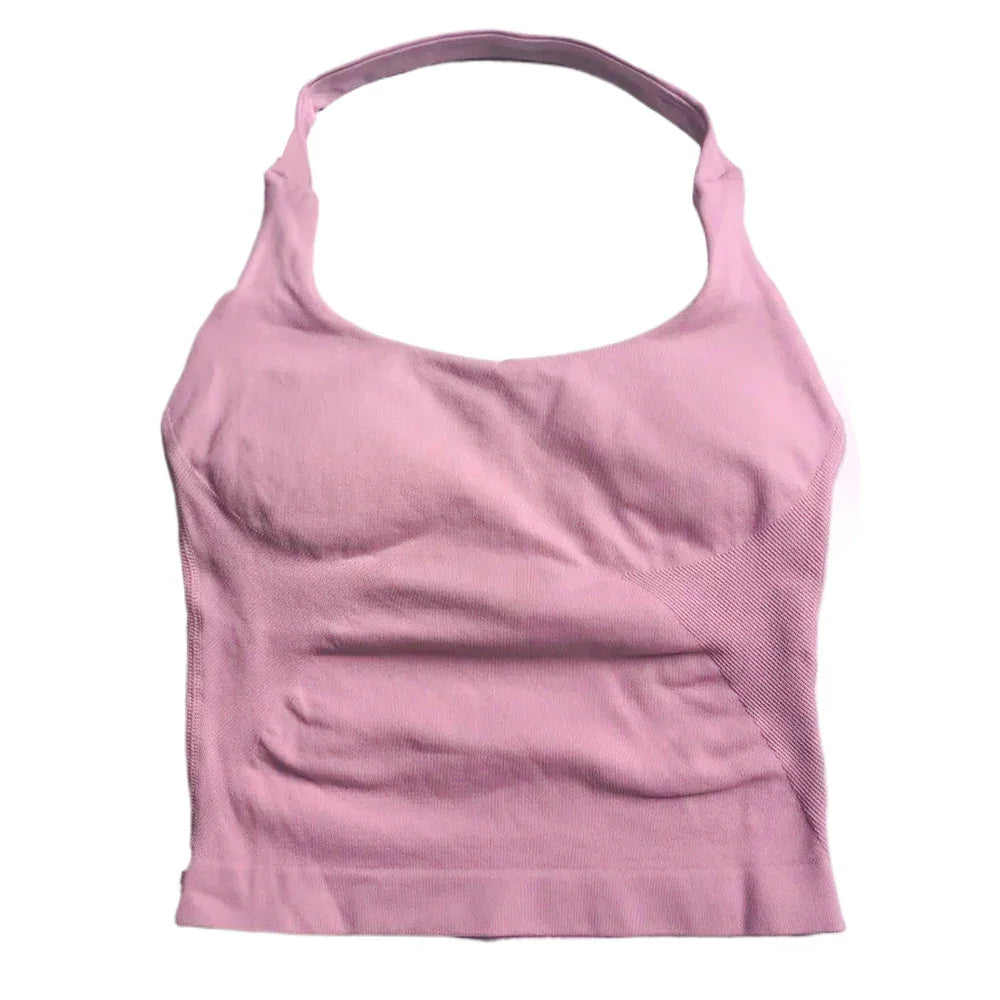 Women’s Strappy Gym Tank Top – Padded Sports Bra Backless Seamless Yoga Crop Top Halter Fitness Vest Activewear
