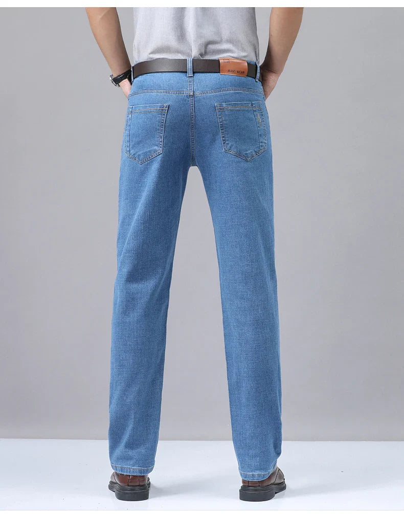 Men’s Casual Comfortable Jeans – Straight Loose Fit High Waist Elastic Trousers for All Seasons & Office Wear