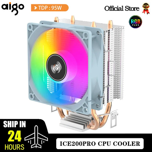 Aigo ICE200PRO CPU Air Cooler — 2 Heatpipe Radiator with 3-Pin PWM Quiet Fan for Intel LGA 115X/1200/1700 & AMD AM4/AM5