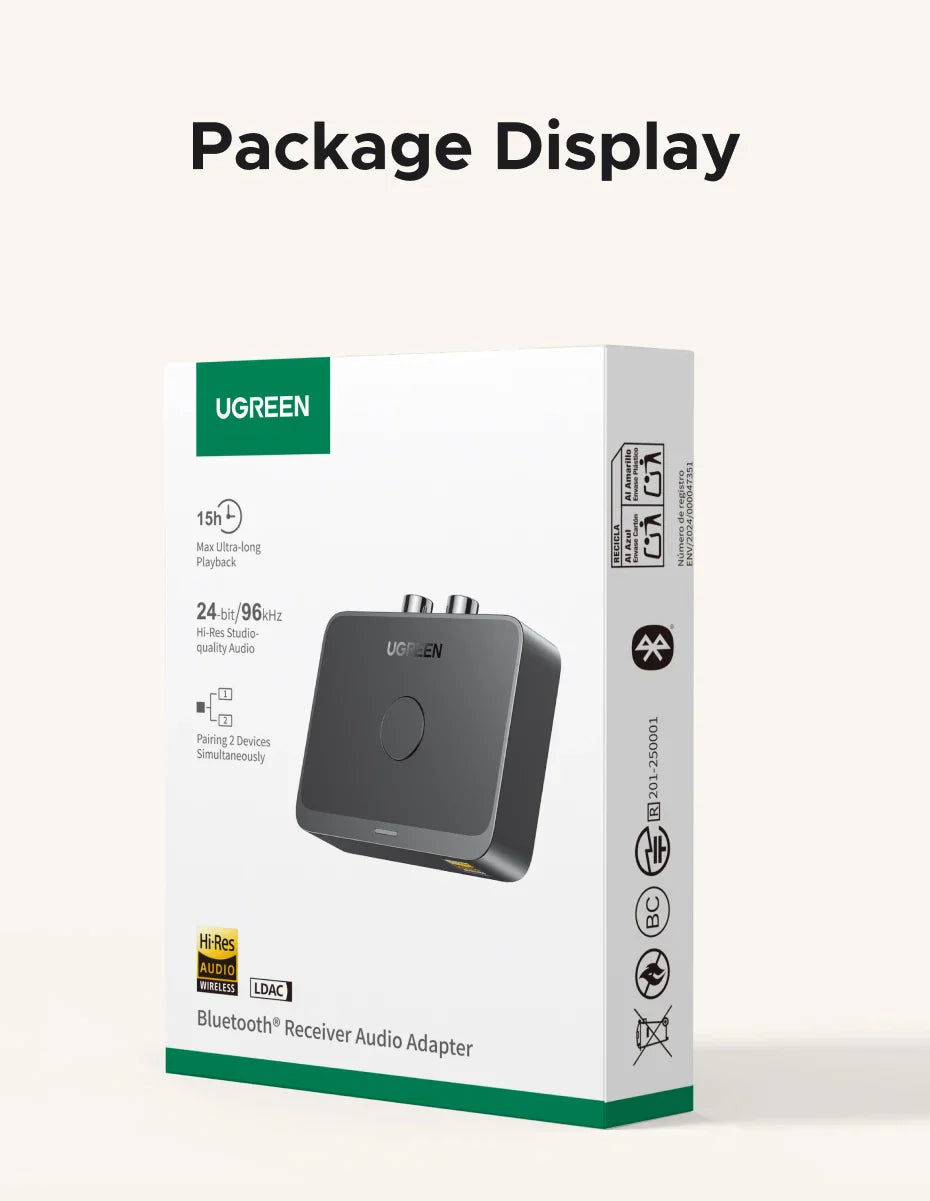 UGREEN AUX Bluetooth Receiver LDAC AAC – Hi-Fi 3.5mm Jack to 2RCA Audio Adapter with Bluetooth 6.0, 15h Playtime for Car Speaker & PC