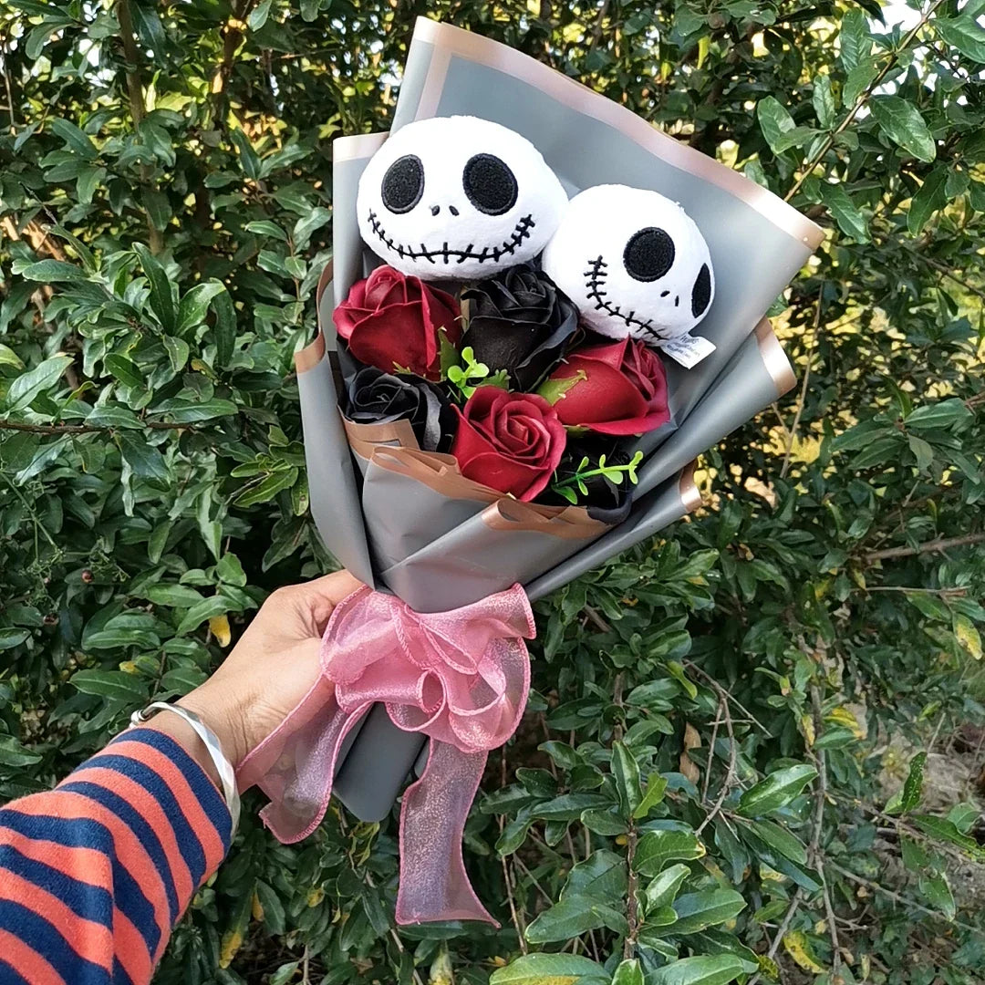 Halloween Jack Skellington Plush Bouquet – Doll Toy with Soap Rose Flower, Terror Skull & Ghost for Christmas & Valentine’s Day Gifts