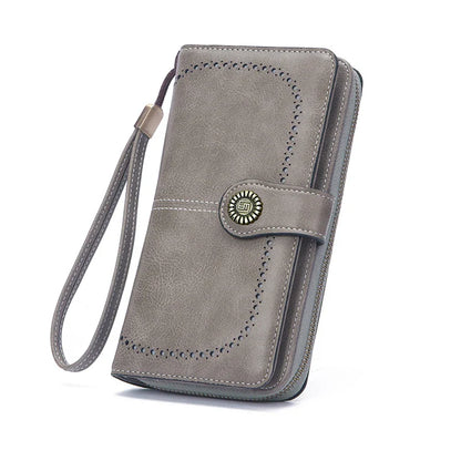 Vintage Large Capacity Women's Purse – Monochromatic Multi-Card Long Wallet with Zipper & Wrist Strap