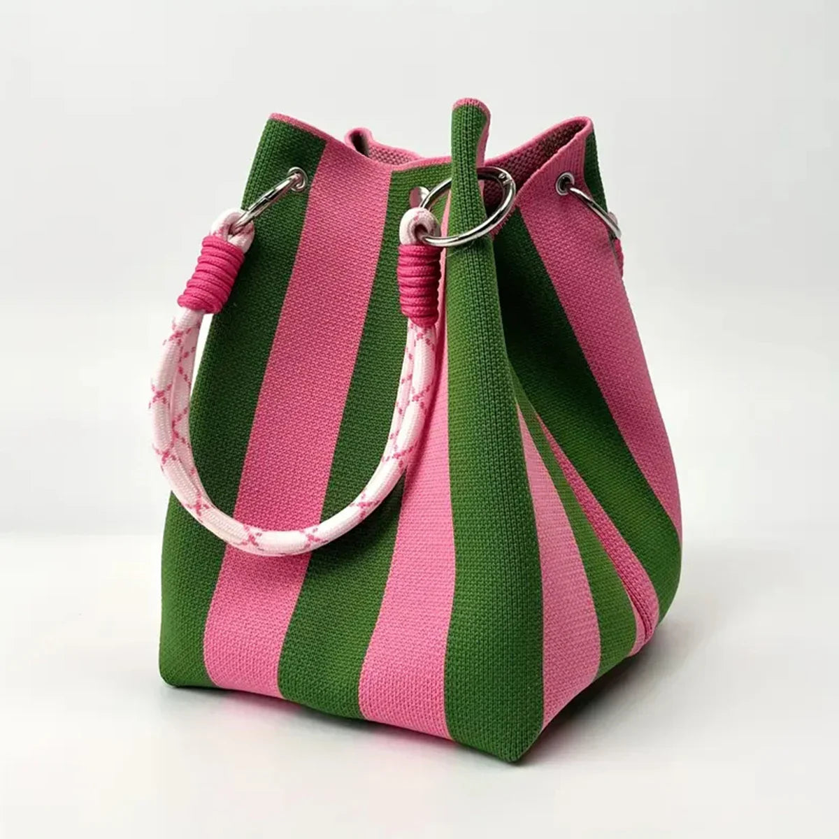 Multi-Color Knitted Retro Bucket Handbag – Color-Block, Versatile & Easy-to-Carry Purse