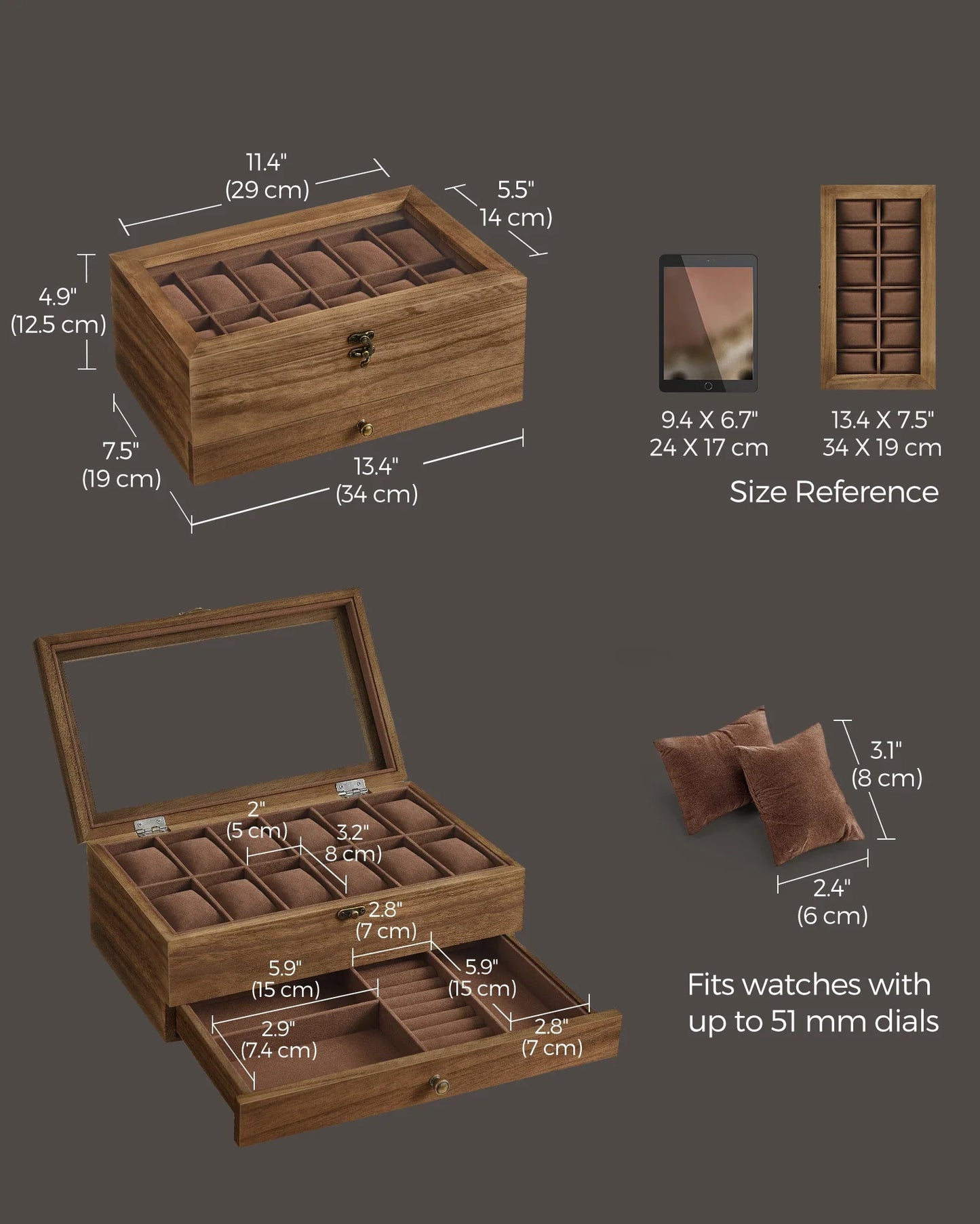 SONGMICS 12-Slot Watch Box – 2-Tier Watch Display Case with Glass Lid, Removable Pillows & Velvet Lining Jewelry Organizer