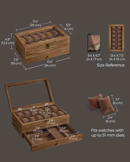 SONGMICS 12-Slot Watch Box – 2-Tier Watch Display Case with Glass Lid, Removable Pillows & Velvet Lining Jewelry Organizer