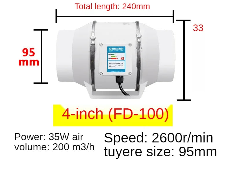 4-Inch 220V Silent Inline Exhaust Fan – Home Bathroom & Kitchen Duct Ventilator