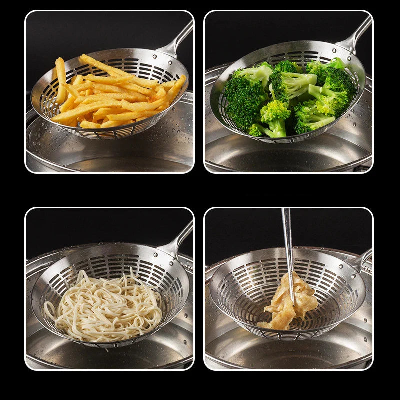 3 Sizes Round 304 Stainless Steel Strainer Set – Long Handle Kitchen Sieves for Hot Pot, Oil Filter & Cooking Tools