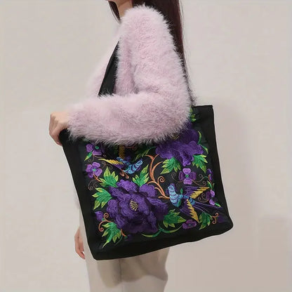 Ethnic Style Flower Embroidery Canvas Tote - Large Capacity Shoulder Bag Handbag for Women