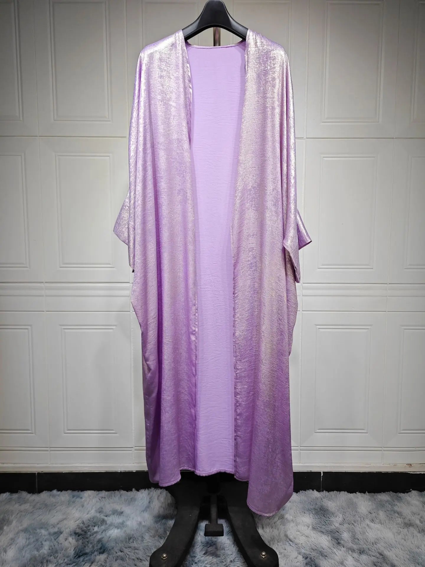 Women’s Shiny Satin Open Kimono Abaya – Luxury Dubai Ramadan Muslim Kaftan Dress