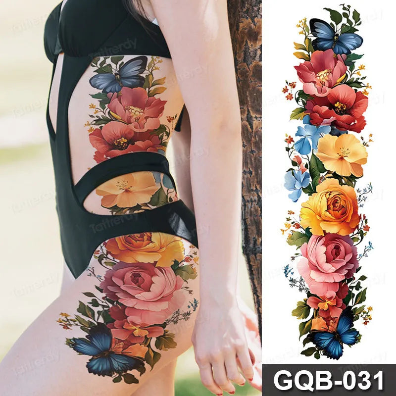 Full Arm Dragon Skull Tattoo Sleeve - Waterproof Temporary Body Art Sticker with Clock Compass Flower Design for Men & Women