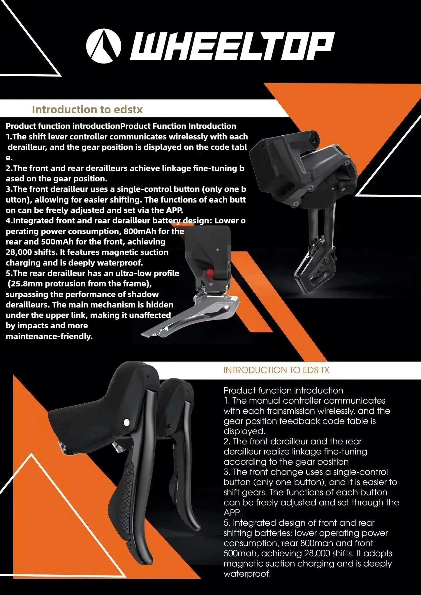 WHEELTOP EDS TX Wireless Electronic Road Bike Groupset — Carbon, Rim & Disc Brake Compatible, Shifters with Front & Rear Derailleur