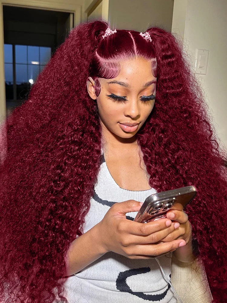99J Burgundy Deep Wave Lace Front Wig – High Density Curly Red 13x6 HD Transparent Frontal Human Hair