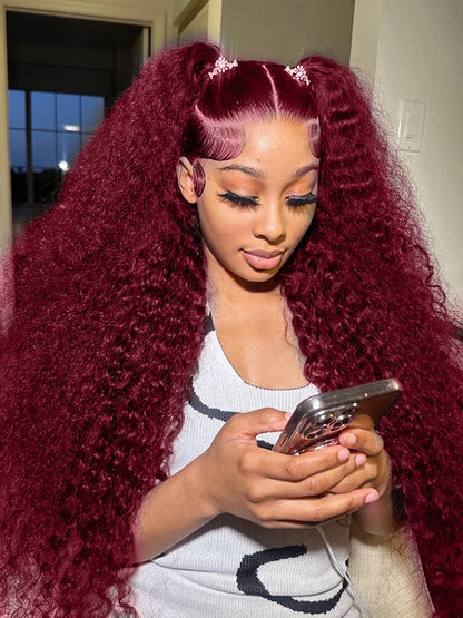 99J Burgundy Deep Wave Lace Front Wig – High Density Curly Red 13x6 HD Transparent Frontal Human Hair