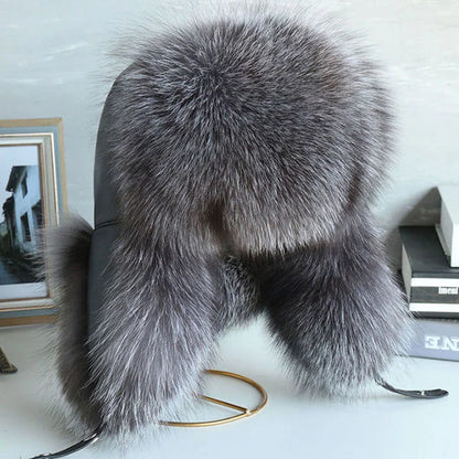 Natural Raccoon & Fox Fur Russian Ushanka Hat – Women’s Black Winter Bomber Cap with Ear Flaps