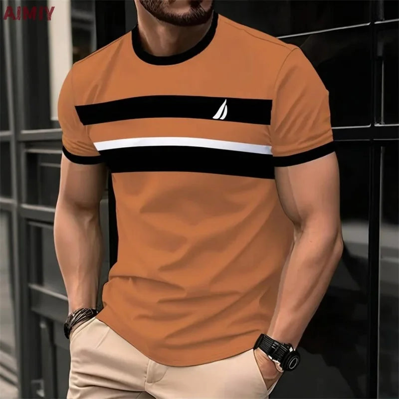 Men’s Striped Print Summer T-Shirt – Casual Round Neck Short Sleeve Outdoor Fashion Tee Shirt