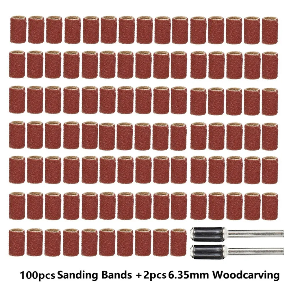 Rotary Tools 102pcs Set: 120 Sanding Bands with 6.35mm Mandrels - Nail Electric Drill Machine Grinding Sand Ring Bit