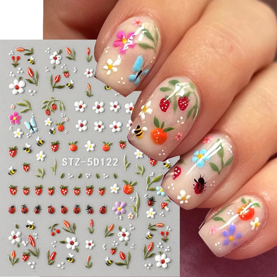 3D Kawaii Ladybug Nail Stickers - Embossed Daisy Flower DIY Decals for Spring, Wedding & Floral Nail Art