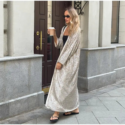 Women’s Sparkly Sequin Maxi Coat – Luxury Open Front Long Sleeve Outerwear